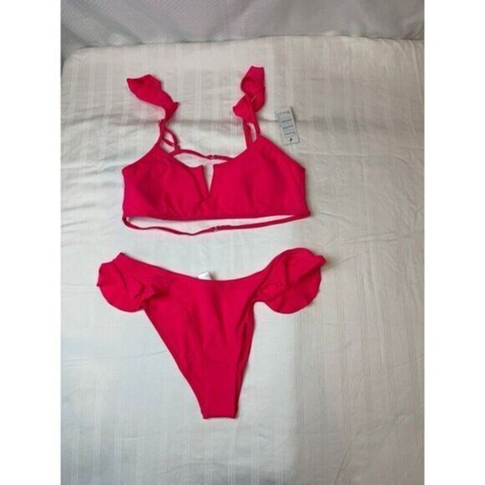 Miss Adola Hot Pink Ruffled Strappy Cheeky 2 piece set Bikini Size M RefM035 - Picture 4 of 8